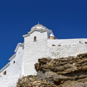 panoramic view of the white, ancient church Skopelos